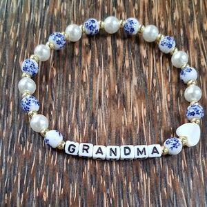 Grandma Beaded Stretch Bracelet with Blue Floral and Pearl Accents